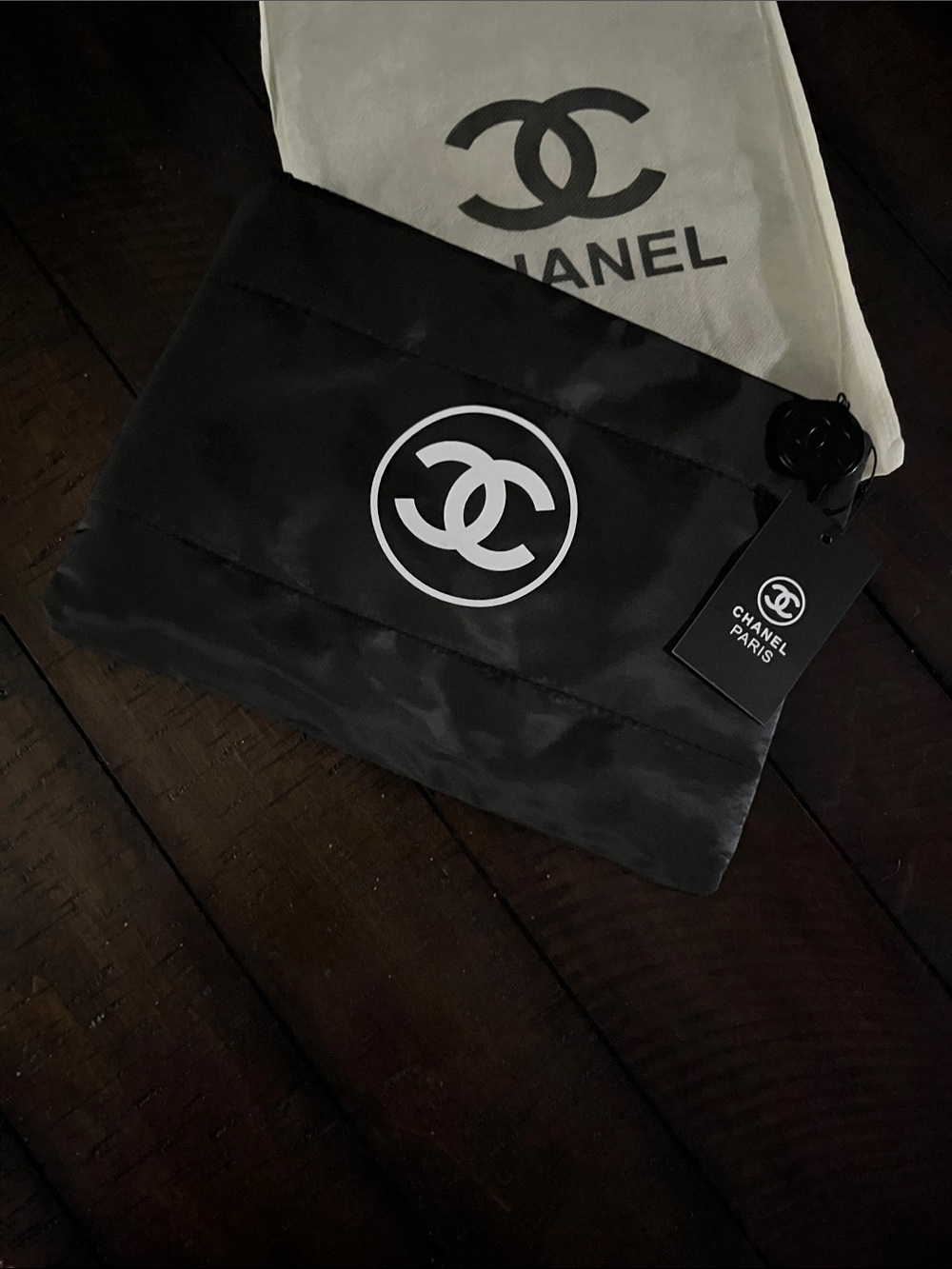 CHANEL Black makeup bag with White CC Logo